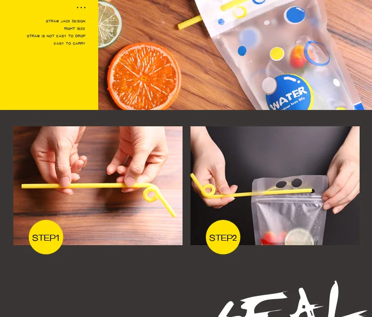 Biodegradable transparent hand-held ziplock plastic juice drink bag with straw