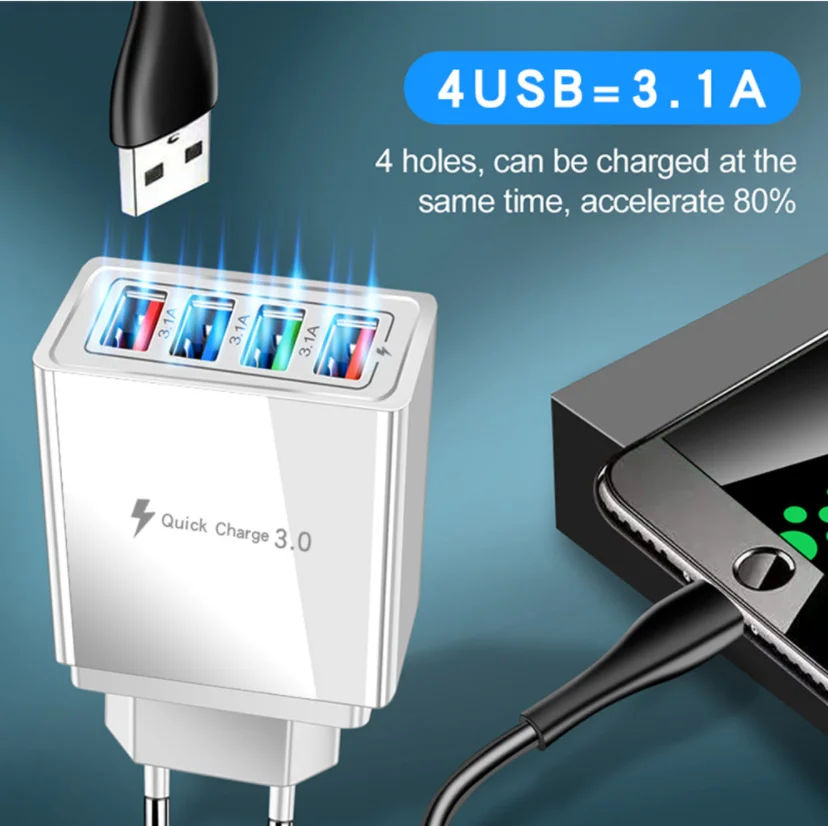 Quick Charge 3.0 USB Charger 48W 4 Ports Adapter QC 3.0 EU/US/UK Plug Wall Mobile Phone Fast Charger Home Wall Charger Travel