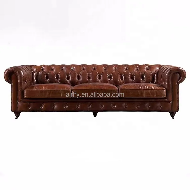 AIRFFY OEM/ODM Manufacturer Tufted Comfortable genuine Leather Chesterfield Accent Chair & Sofa  Handcrafted Wood button couch