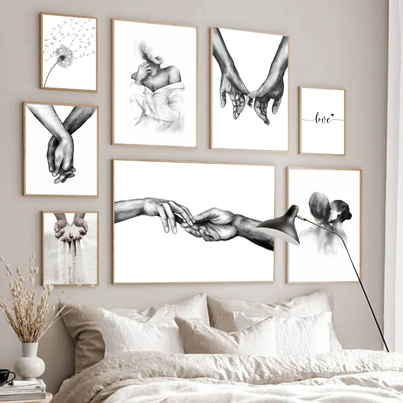 Black White Romantic Hand In Hand Canvas Painting Love Quotes Wall Art Poster Print Fashion Picture Couples Lovers Room Decor