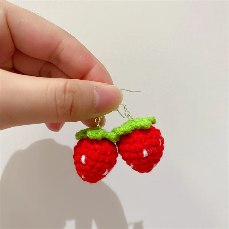 Wool hand woven lovely sweet strawberry earrings 925 silver hook girl
