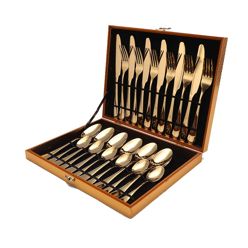 
Luxury gold stainless steel dinnerware set 24 pcs cutlery set with wooden box 