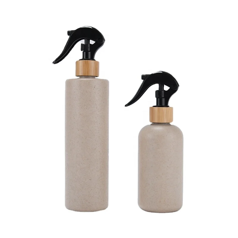 empty Hotel Supplies cosmetic container eco friendly Wheat Straw Biodegradable Plastic bottle with bamboo trigger sprayer