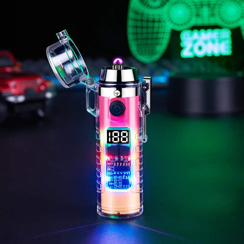 Rechargeable Double Arc Cigarette Lighter Outdoor Camping Waterproof Stove Lighter Transparent Self Glowing Lighter Flashlight