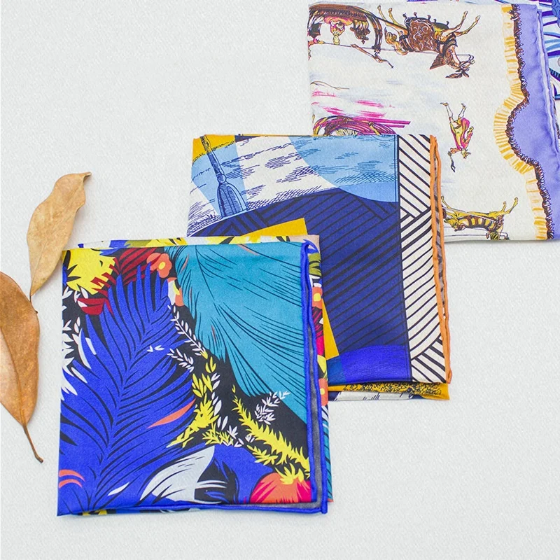 New style fashion hand hemming vintage ladies printed square luxury women 100% silk scarf scarves