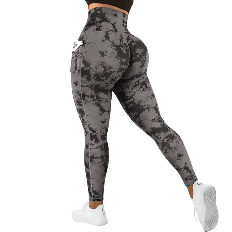 Girdle Pants Tie Dye Print Tummy Control Butt Lifting Pocket Design Yoga Pants Skinny Female Sports Trousers Ladies Leggings