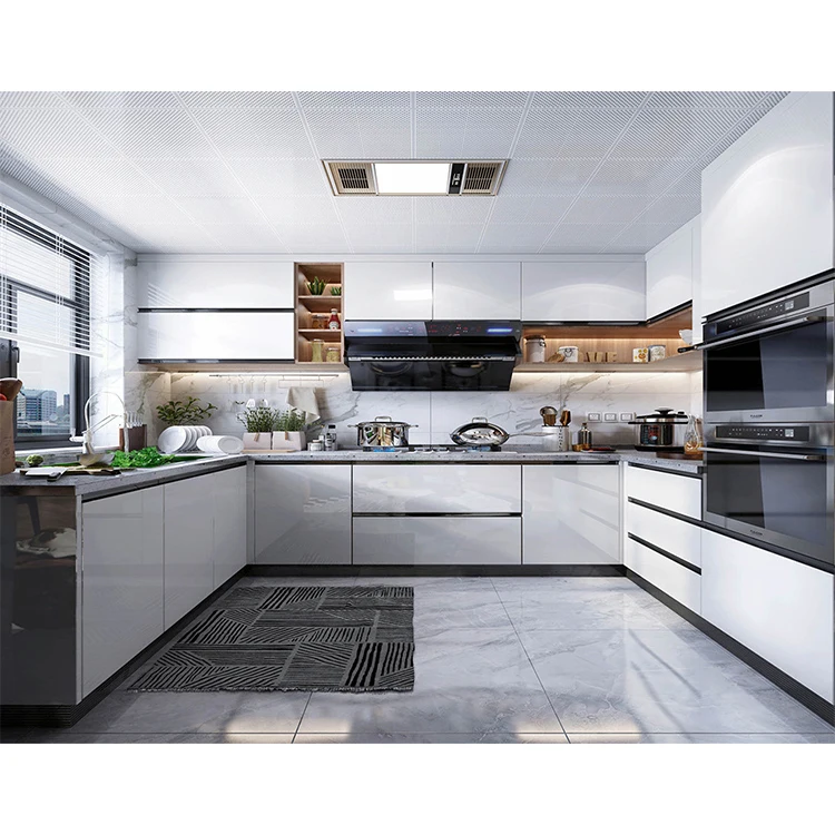 Customized modern champagne color lacquer wood kitchen cabinets with soft closing design