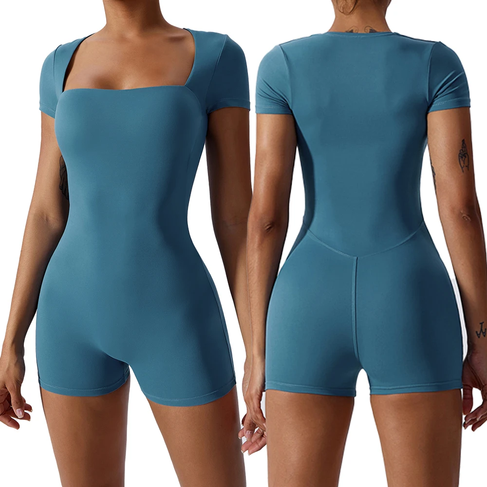 Womens Girls Comfortable Quick Dry Sports Short Sleeve Yoga Jumpsuit One-piece Shorts Square Neck Fitness Sports Jumpsuit
