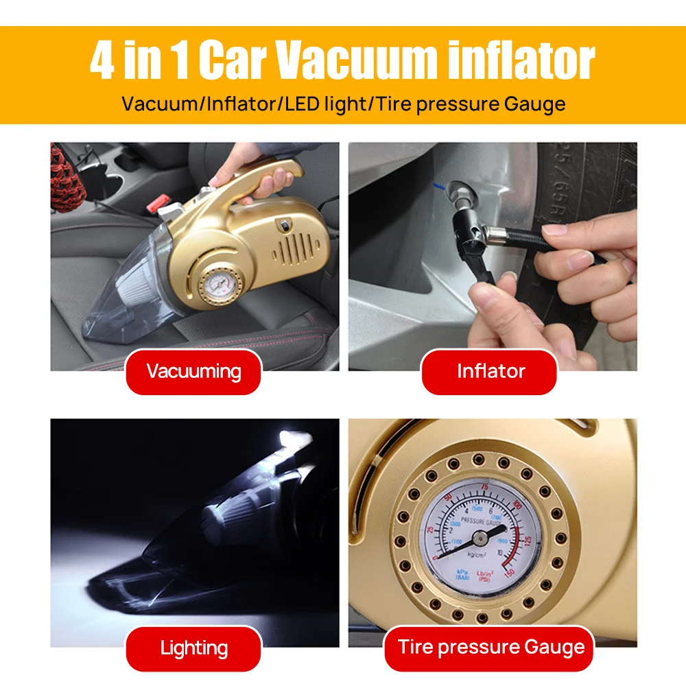 4 in 1 High Power 120W Multifunctional  Portable Car Vacuum Cleaner with Compressor