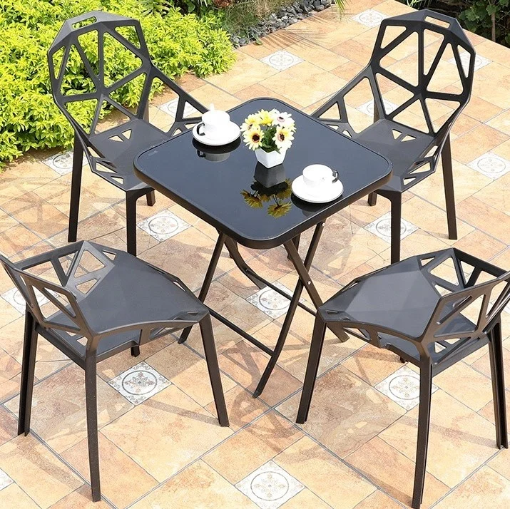 new arrival outdoor patio garden balcony green house restaurant cafe metal glass table with 2 4 6 plastic stackable chair set