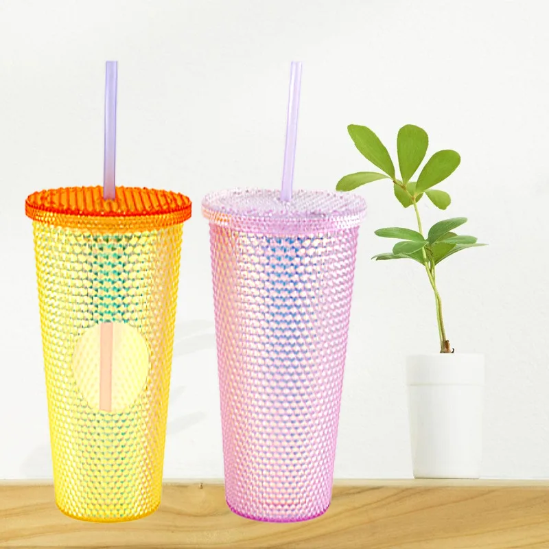 650ml double wall plastic studded tumbler with straw Corn cup Rivet diamond mug coffee mug Pineapple tumbler durian cup