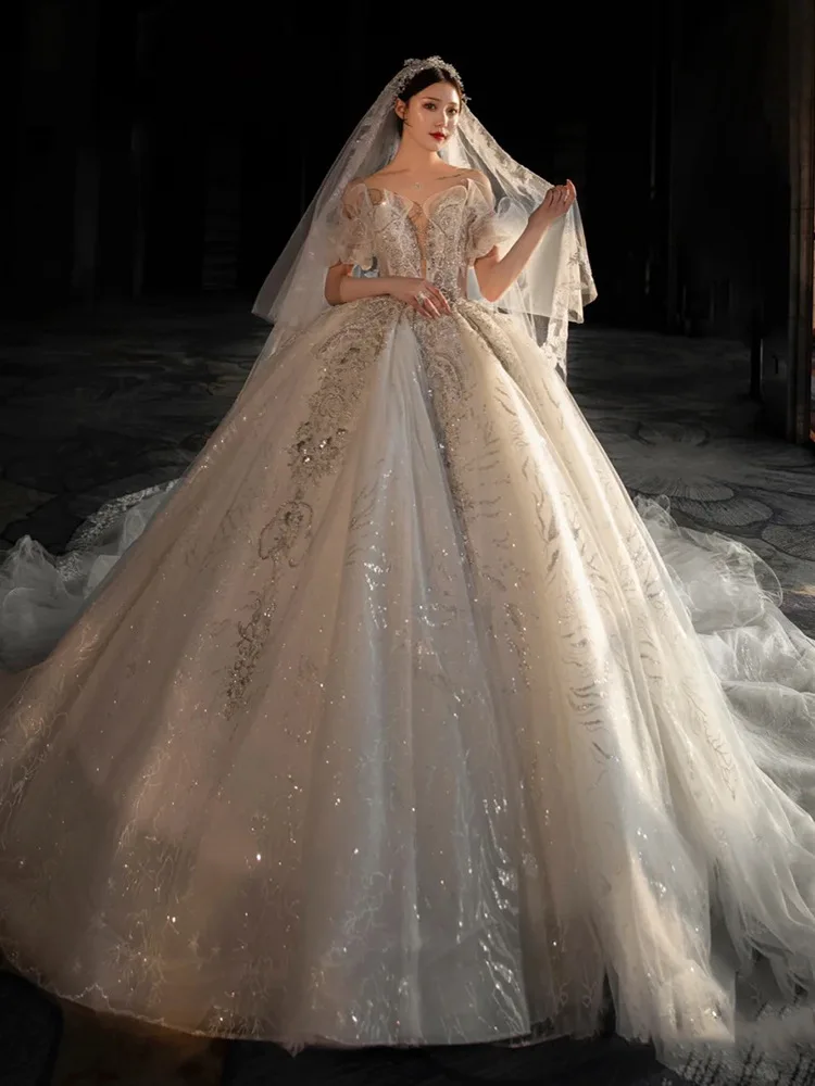 White French light wedding dress 2021 new bride princess super fairy luxury palace style high-end large tail wedding dress