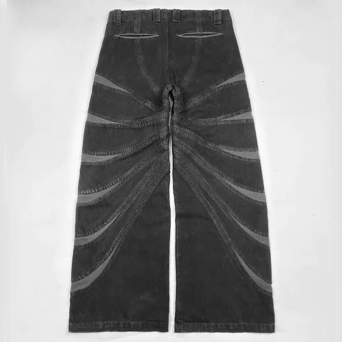 High Street bungee style contrast curved seam panels detail wide leg cargo pants 100% cotton denim baggy jeans hip hop men