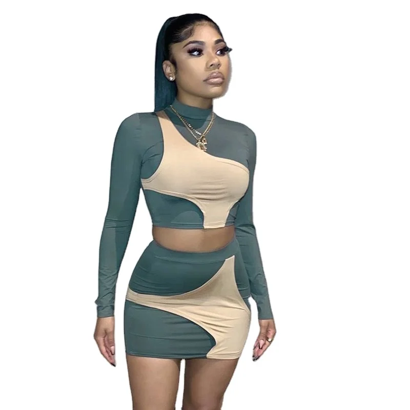 Женский Повседневный костюм с контрастной юбкой, пуловер с круглым вырезом и длинным рукавом, костюм с короткой юбкой, осень 2021