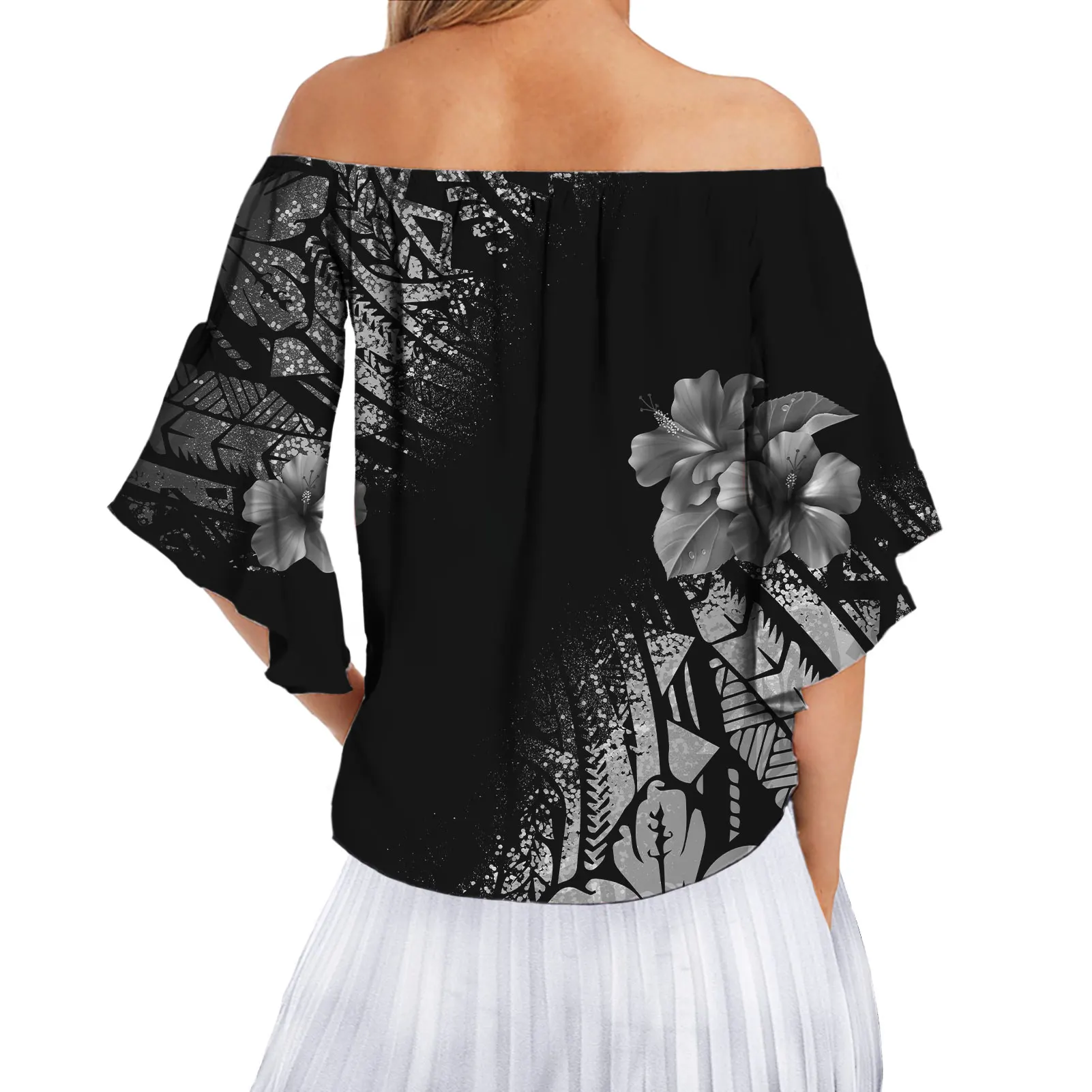 Новая женская футболка с широкими рукавами и монохромной мозаикой в полинезийском стиле, украшение с узлом