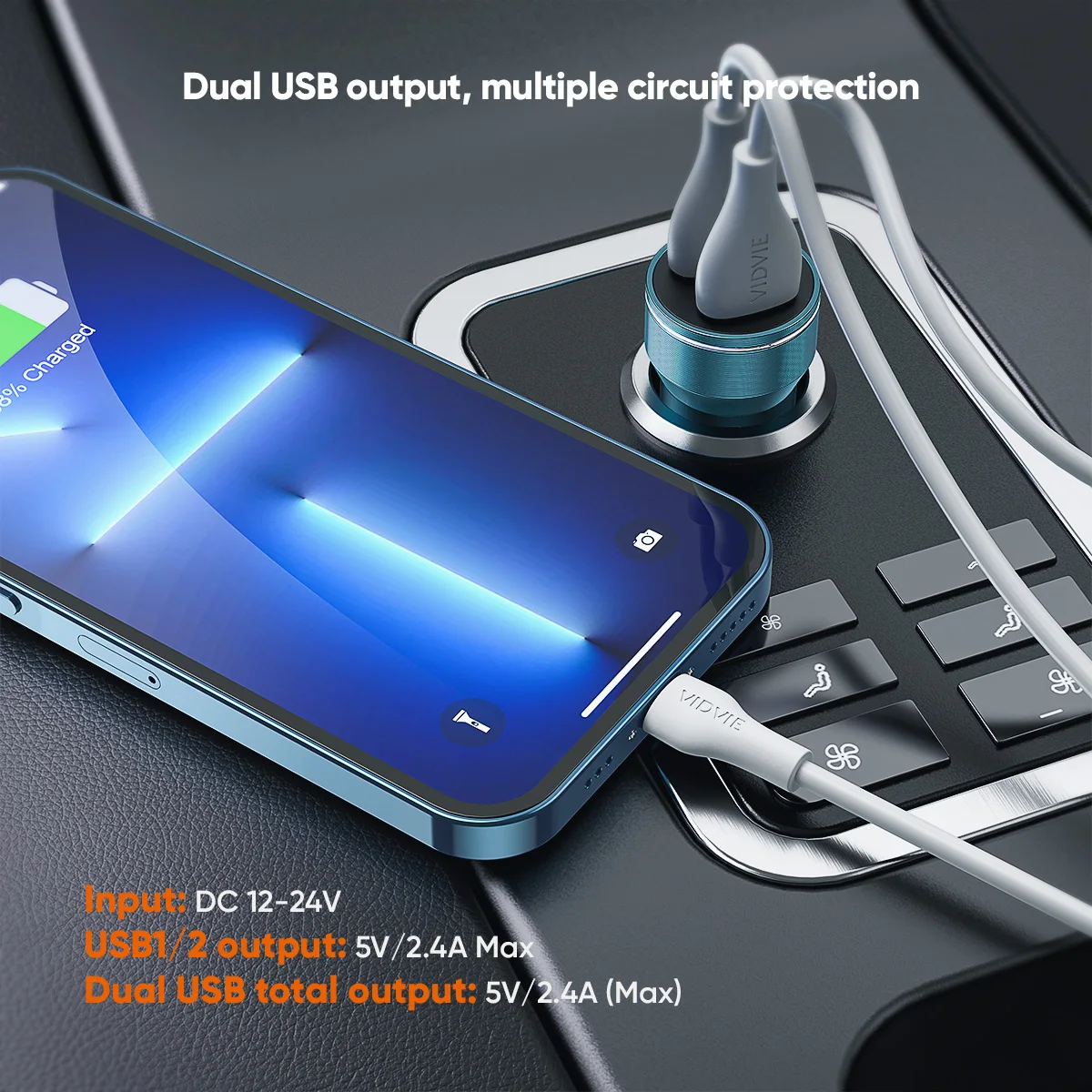 VIDVIE Aluminum High Quality Cheap Two Ports USB 2.4A Car Charger Adapter For iPhone Android Phone