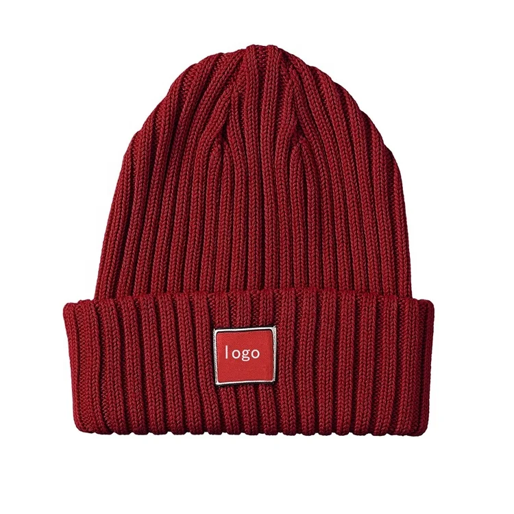 2022 Fashion leather label Solid Color Winter Knitted Wool Hats Custom Warm black beanies for Women And Men