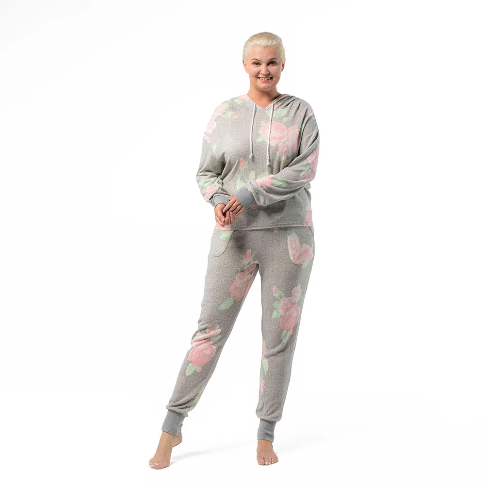 
2021 Hot sale women pijamas set para damas Floral printing grey costum color termicas pajamas set terno woman summer spring soft 