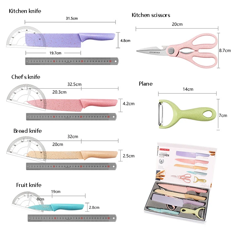 In stock 6 Pcs Colorful Wheat Straw Kitchen Scissors Peeler Chef Knife Set For Vegetable Fruit Cutting
