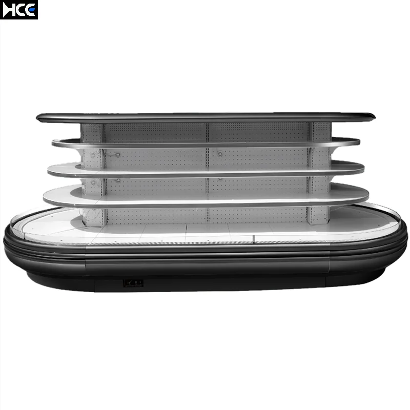 Supermarket mini round island open dairy fridge fruit display chiller island cabinet refrigerator