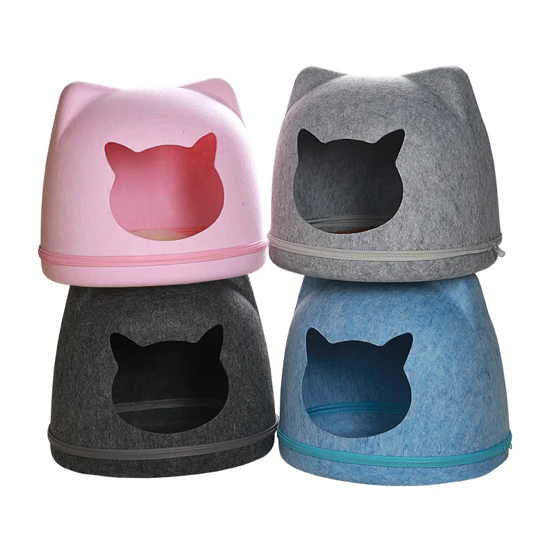 2 in 1 Round Egg Felt Cat Bed Pet Cave Cube House Breathable Zipper Dome Shape Felt Dog Warming Pad Cat Nest Bed With Hemisphere