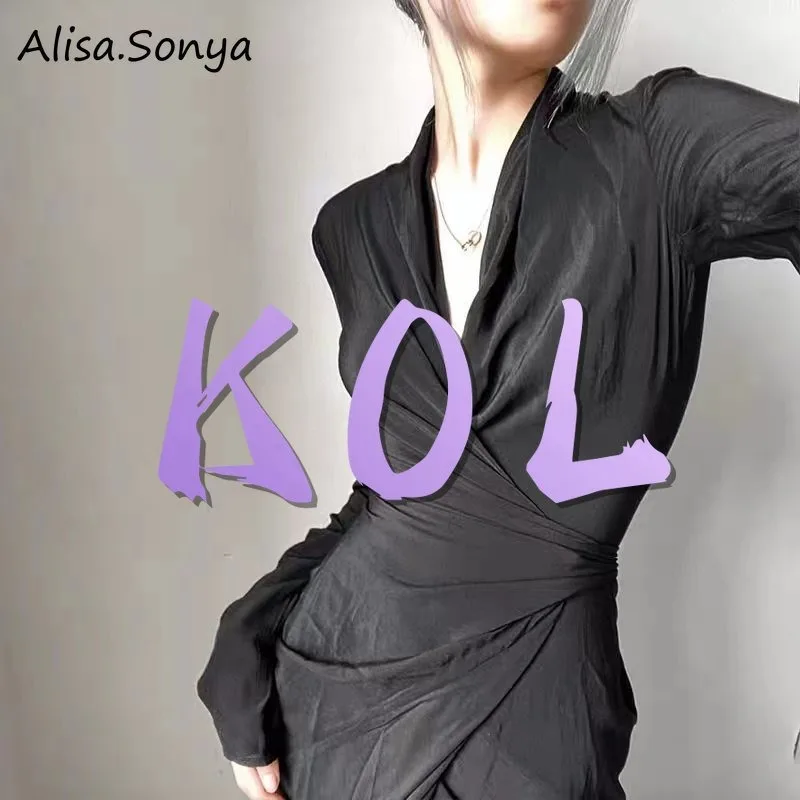 Plus Size V neck Women Maxi dress French Long sleeves Under Knee Length Stylish Wrap dresses