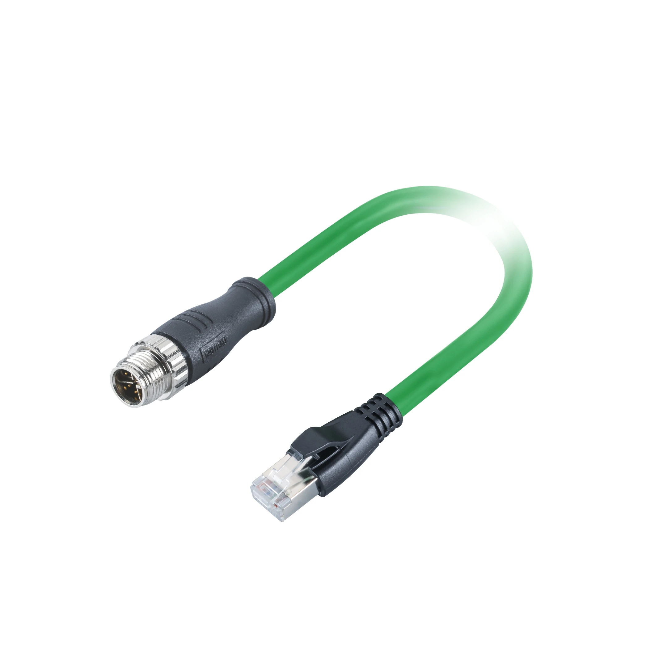 M12 X Code connector right angled male to RJ45 plug shielded double ended molded Cat 6A 4x2x26AWG 0.5m PVC ethernet cable