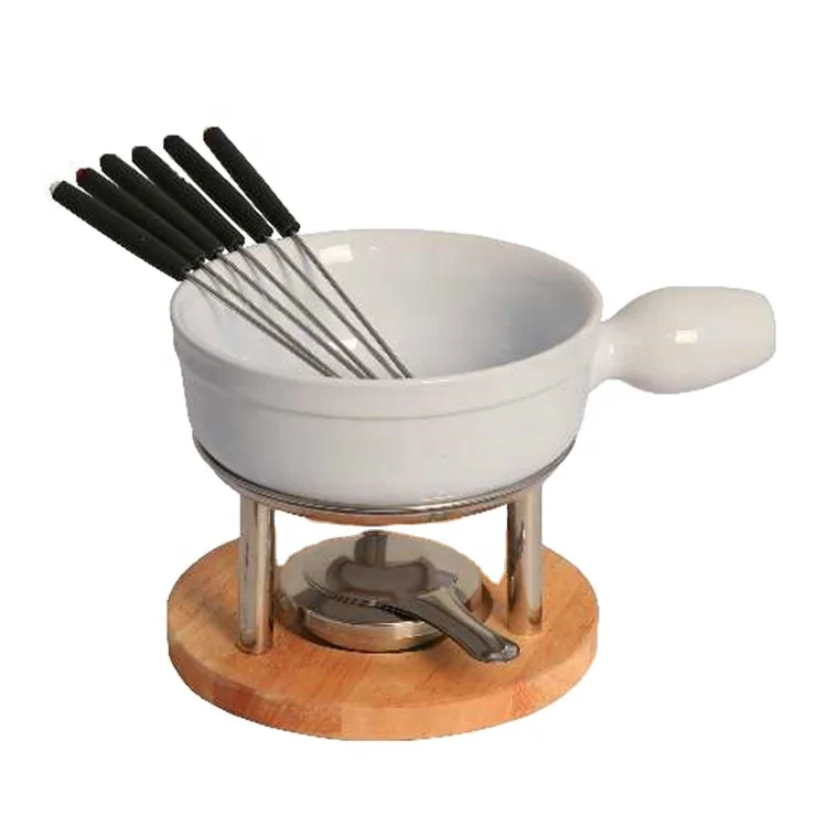 Cheese Melting Pot White Ceramic Fondue Set with carbon steel Holder