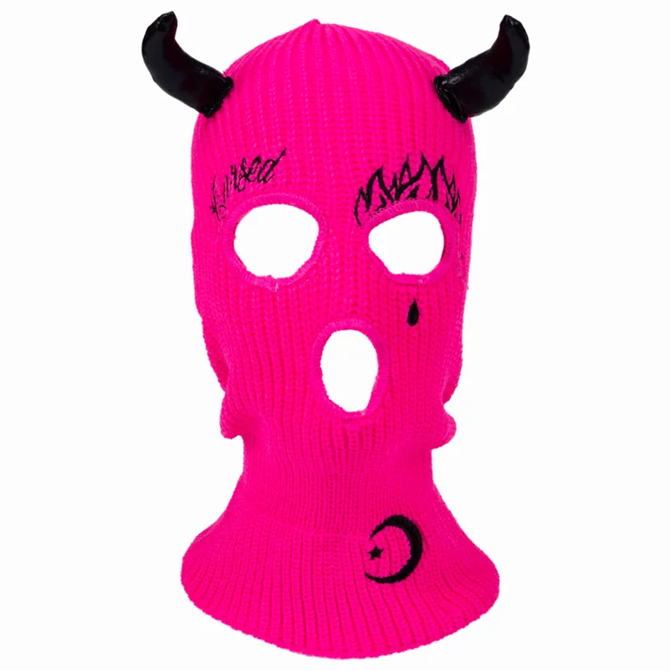 2022 Cursed Tattoos Baby Bad Girl Ghoul Pink Embroidered Knit Ski Mask Balaclava with Devil Horns