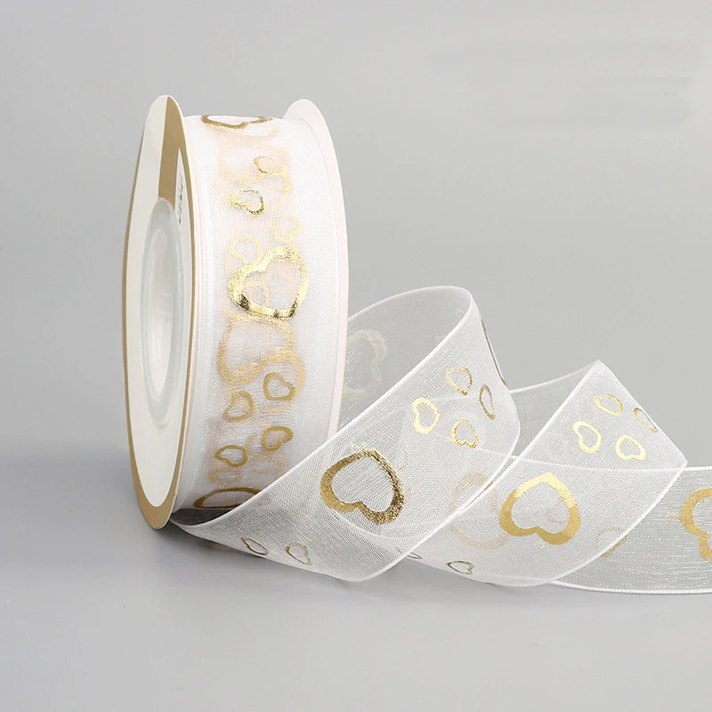 Custom 3D Gold Foil Printed Organza Ribbon Christmas Birthday Festival Cake Bouquet Decoration Gift Packaging Ribbon