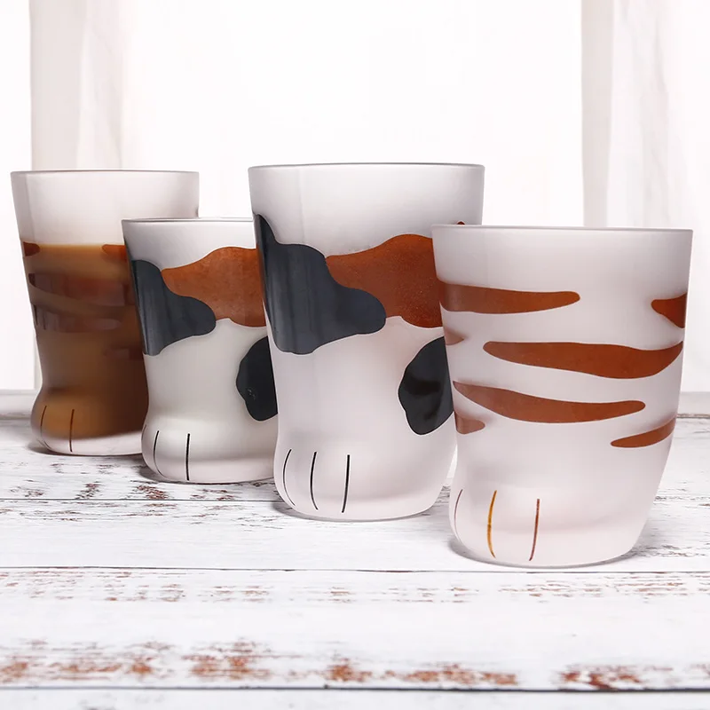 300ml Cute Cat Claw Frosted Glass Cup Kid Glass Tumbler for Kitty Lovers Gift Milk Water Juice Drinking