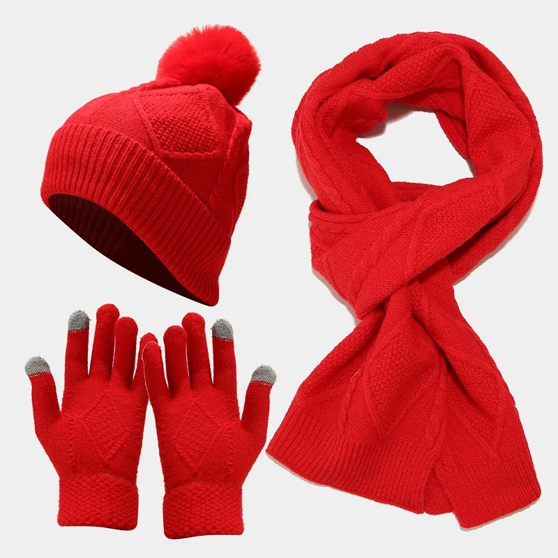 Custom Private Brand Women Men Pom Pom Beanie Long Scarf Touchscreen Gloves Winter Knitted Hat Scarf Gloves 3 in 1 Set