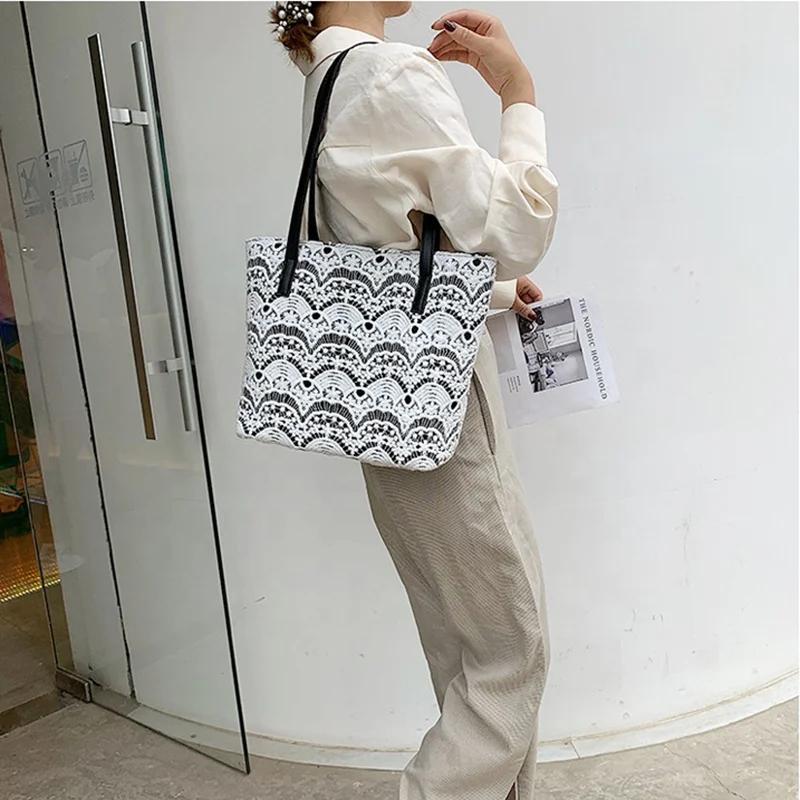 2022 OMOI Custom Plain Hand Made Canvas Lace Cotton Women Shoulder Bag Hand Bag Tote Bags With Custom Printed Logo For Women