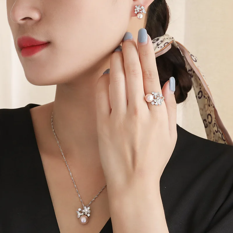 High Quality 925 Silver Natural Freshwater Pearl Flowers Earrings Necklace Adjustable Ring Women Jewelry Set