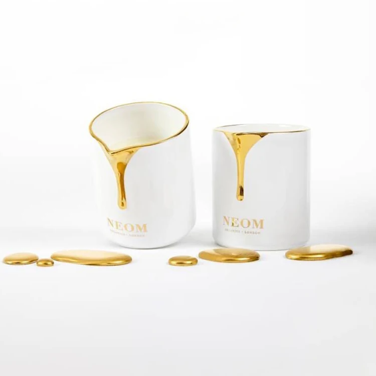 Household wedding used customized white unique gold luxury empty ceramic candle jars with spout