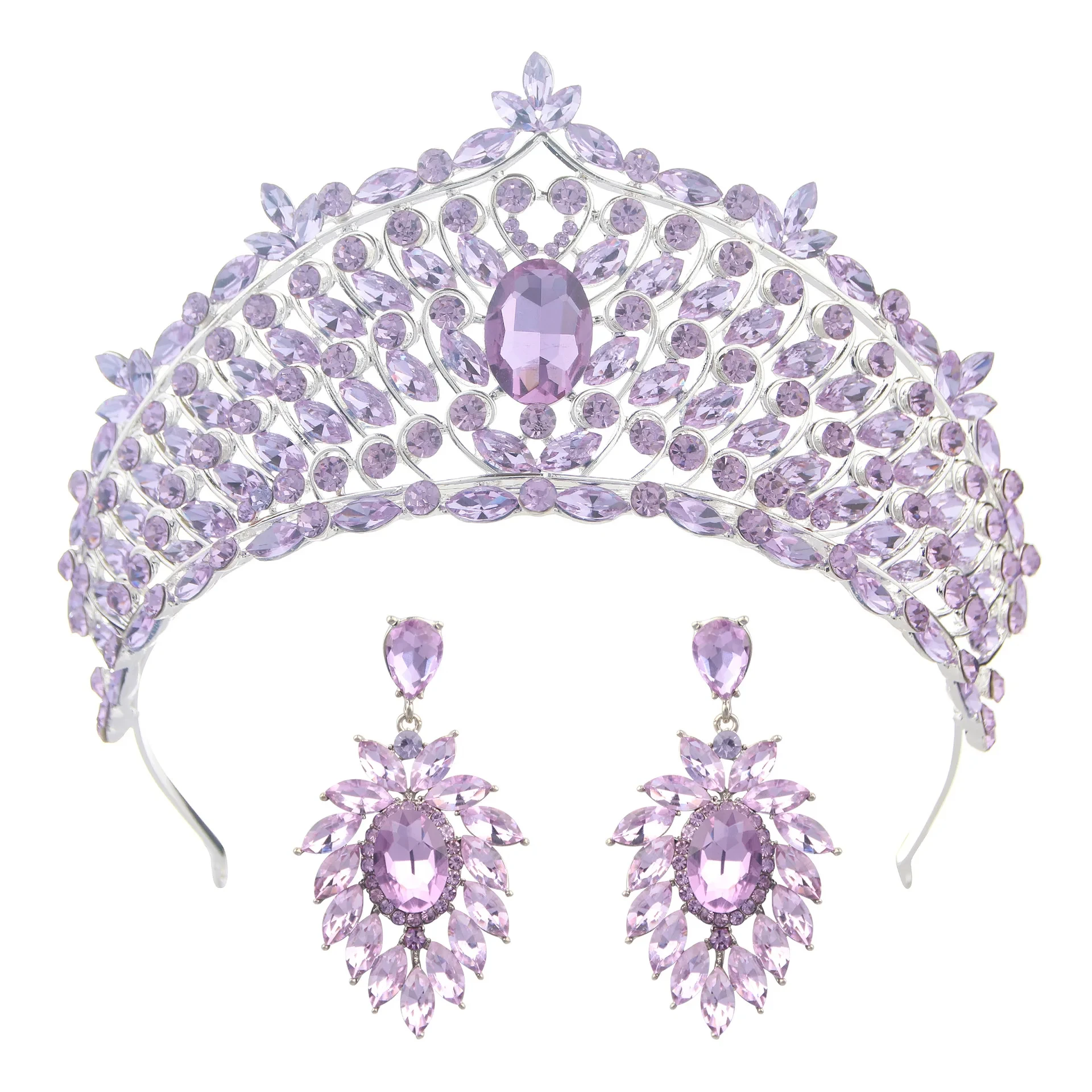 ROMANTIC Baroque Girls Party Jewelry Bridal Crown Earrings Wedding Hair Jewelry Water Drop Purple Crystal Tiara