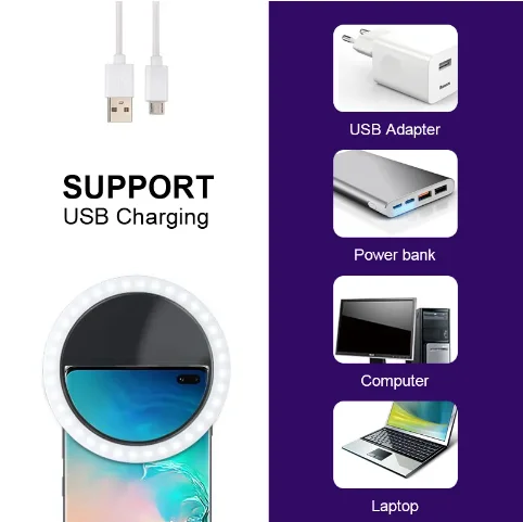 ABS Selfie Light Ring Lights LED with 28 LED Cell Phone Laptop Camera Photography Video Lighting Clip On Rechargeable for Phone