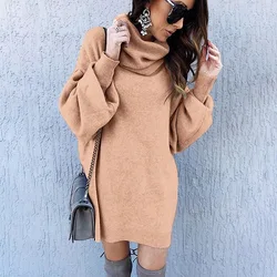 Solid  turtleneck long sleeve sweater dress women autumn winter loose tunic knit pullovers sweater casual knitted dress