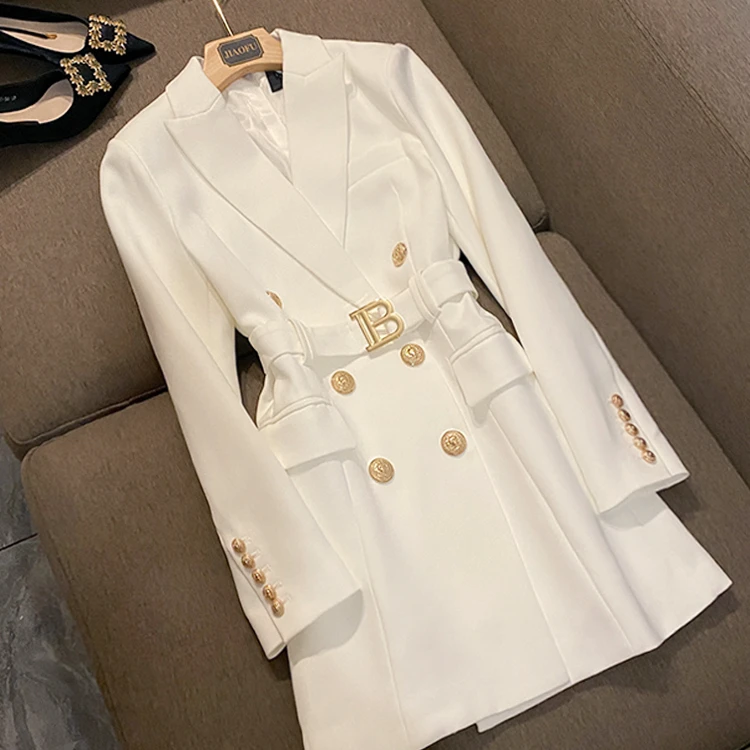 2024 Office Lady All-match Solid Long Sleeve Midi Double-breasted Blazer Women Dress With Belt