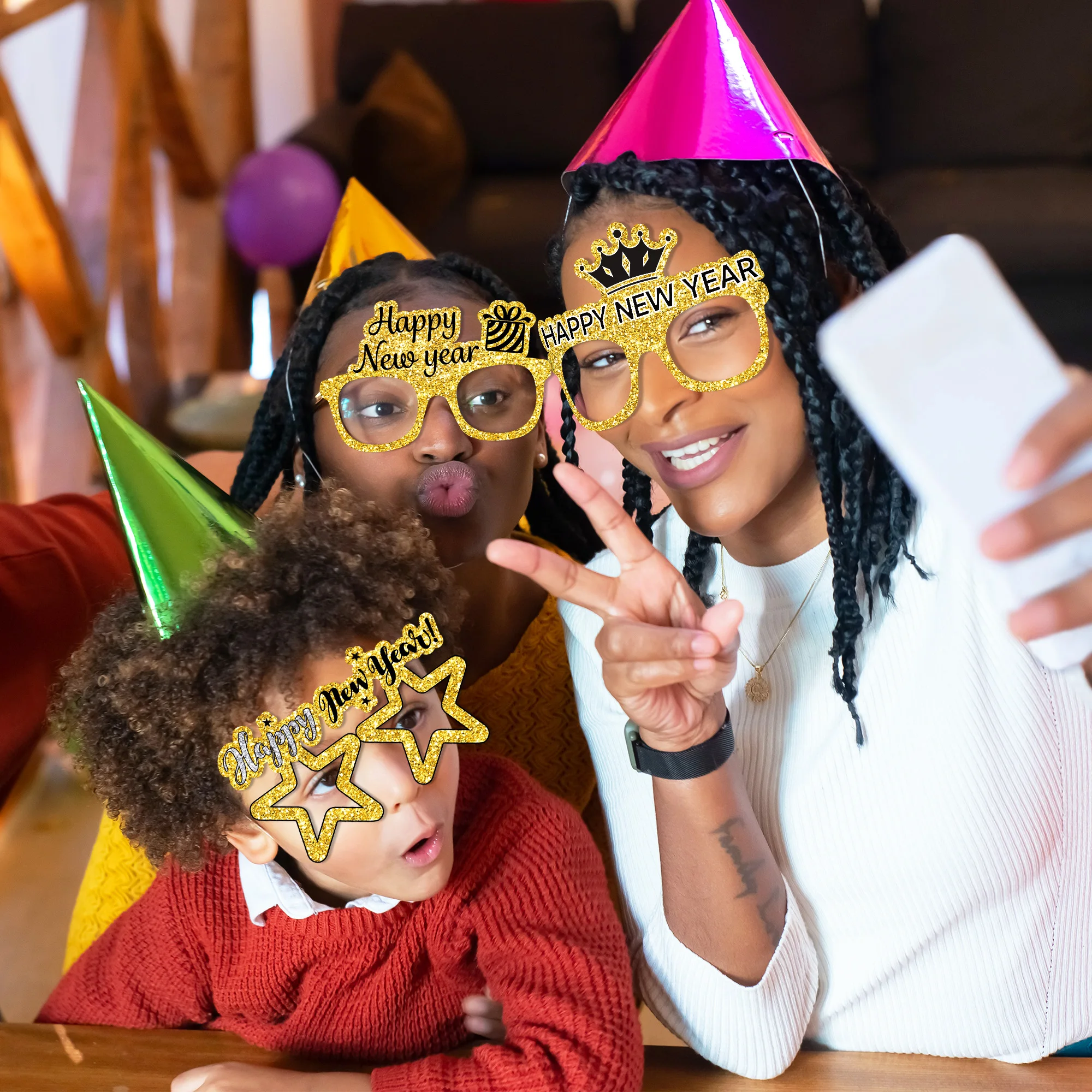 Huancai Hello 2025 New Year Party Eyeglasses Gold Silver Paper Glasses 12 PCS Sunglasses for Happy New Year Eve Party Supplies