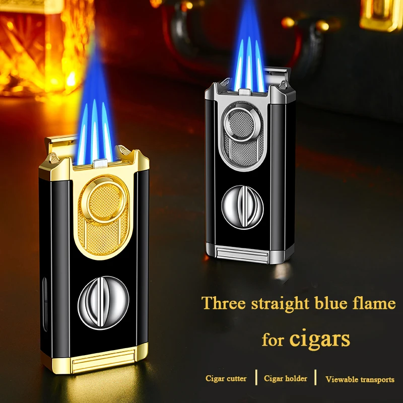 DEBANG cigar lighter triple torch flame windproof new design metal refillable torch lighter with cutter and pretty gift box