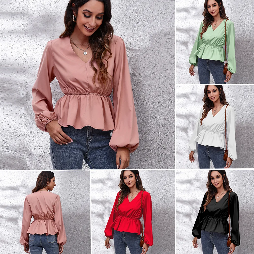 Bulk wholesale women clothing autumn lantern sleeve chiffon shirt for ladies Solid color waist V-neck long sleeves blouse 2022