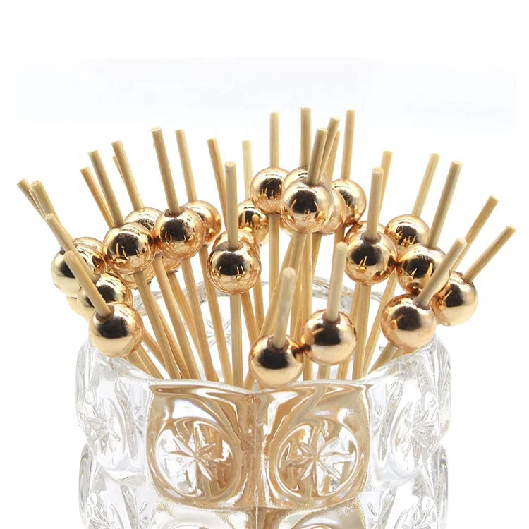 Party Food Supplies 4.7 Inch Toothpicks Bamboo Cocktail Picks Gold Pearl