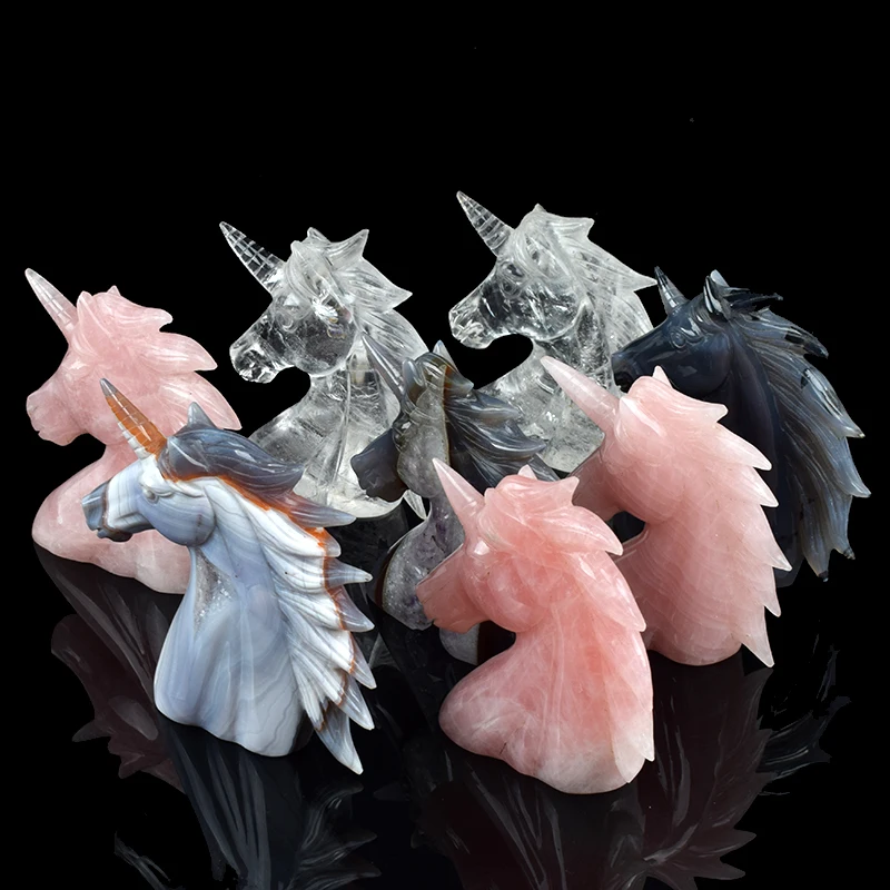 wholesale Natural agate druzy Statue Hand Carved Healings Stone Gemstone horse head figurines For Home Decoration