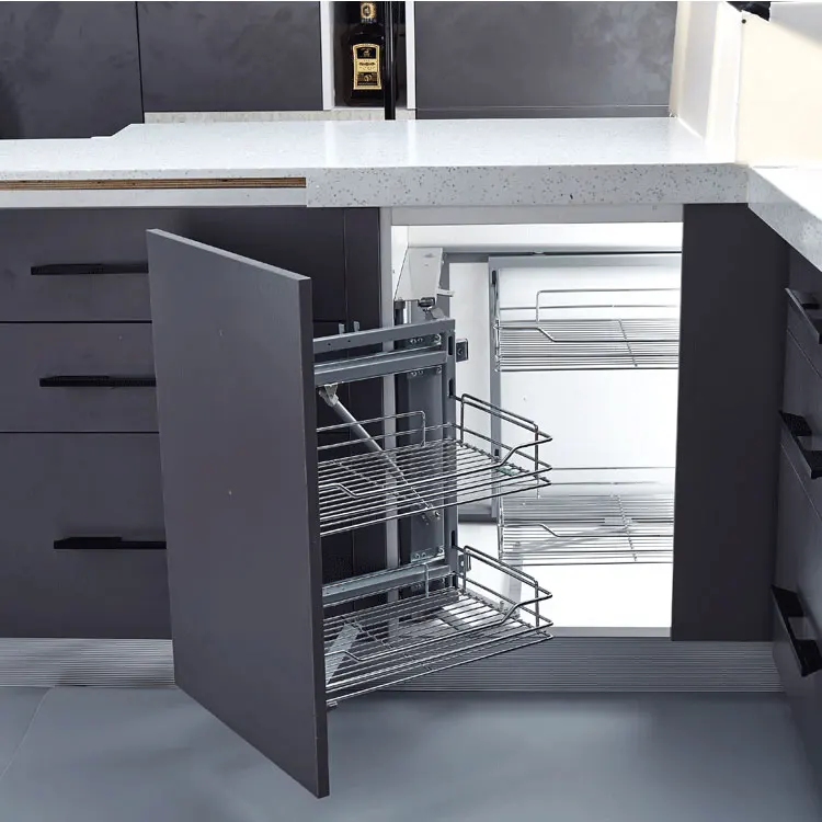 Full pull-out magic corner baskets  with soft closing slides Glass hanging baskets