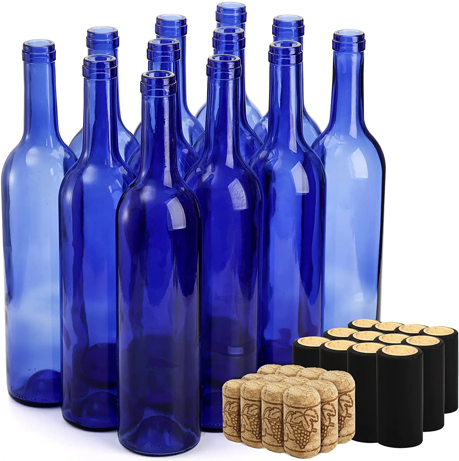 750ml Glass Empty Bottles Cobalt Blue Bottles with Corks and PVC Shrink Capsules Flat-Bottomed Empty Bottles for Beverage Drink