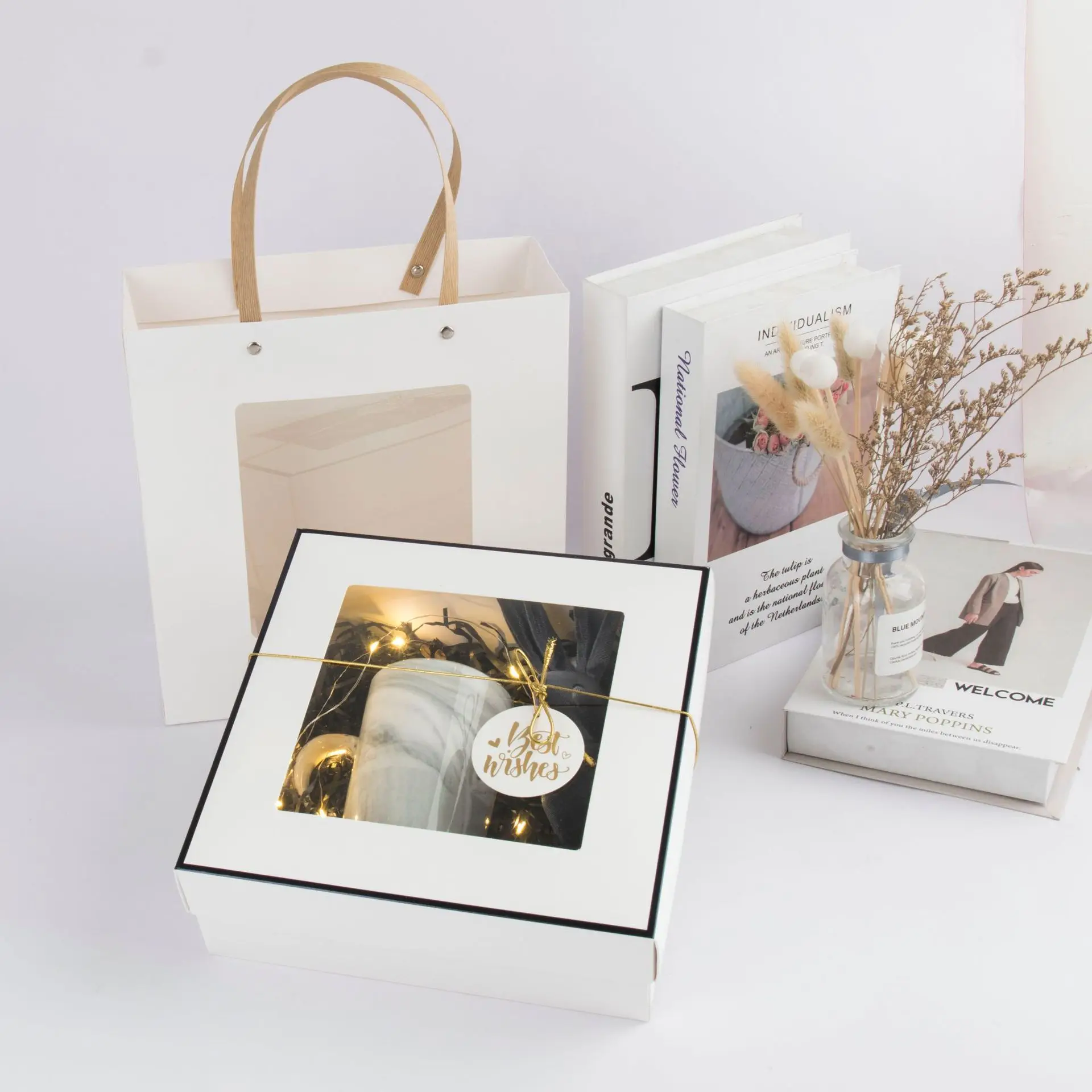 New transparent design Folding paper gift boxes gift bags packaging set for Holiday gifts