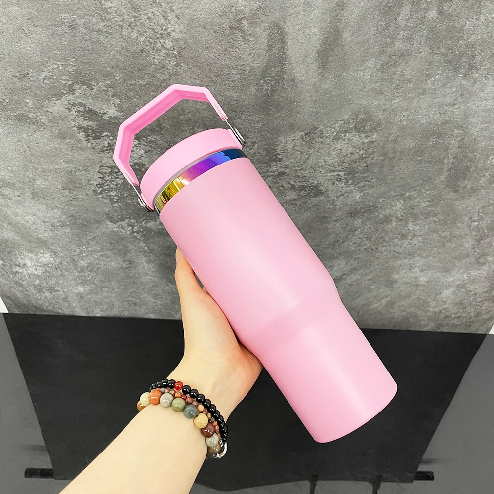 Hot sell portable 30oz sublimation rainbow plated tumbler with flip straw leak proof stainless steel water bottle with handle