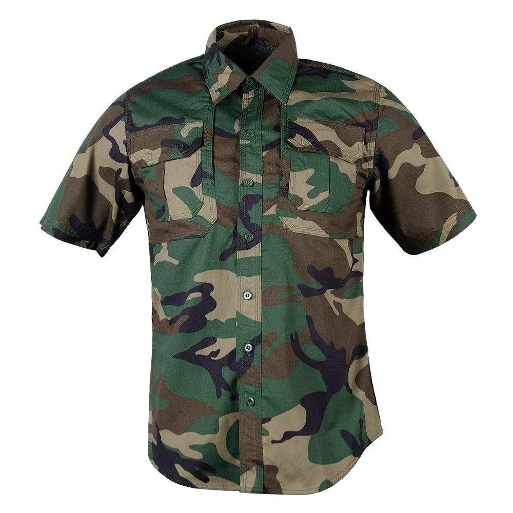 Summer Breathable Woodland Camo Short-sleeve Mounted 2-pockets Tactical Shirt