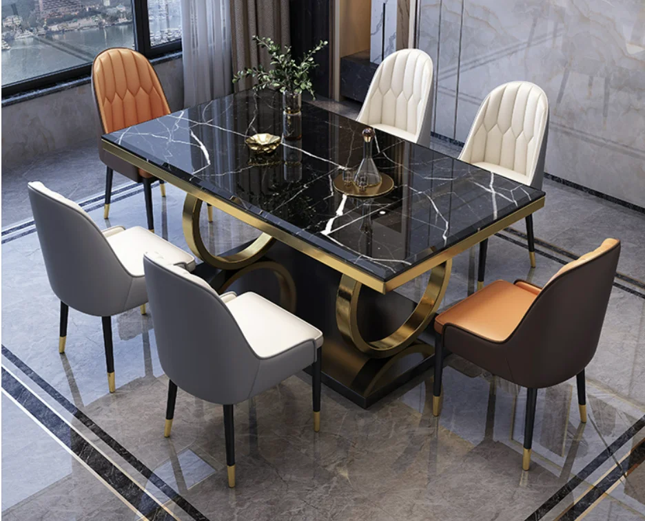 Luxury Rectangle Marble Dining table with Chairs golden color stainless steel Living room Furniture Dining Table Set